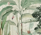 Papier peint panoramique Bananiers et oiseaux sur fond chevron : détail du motif, bananiers et oiseau