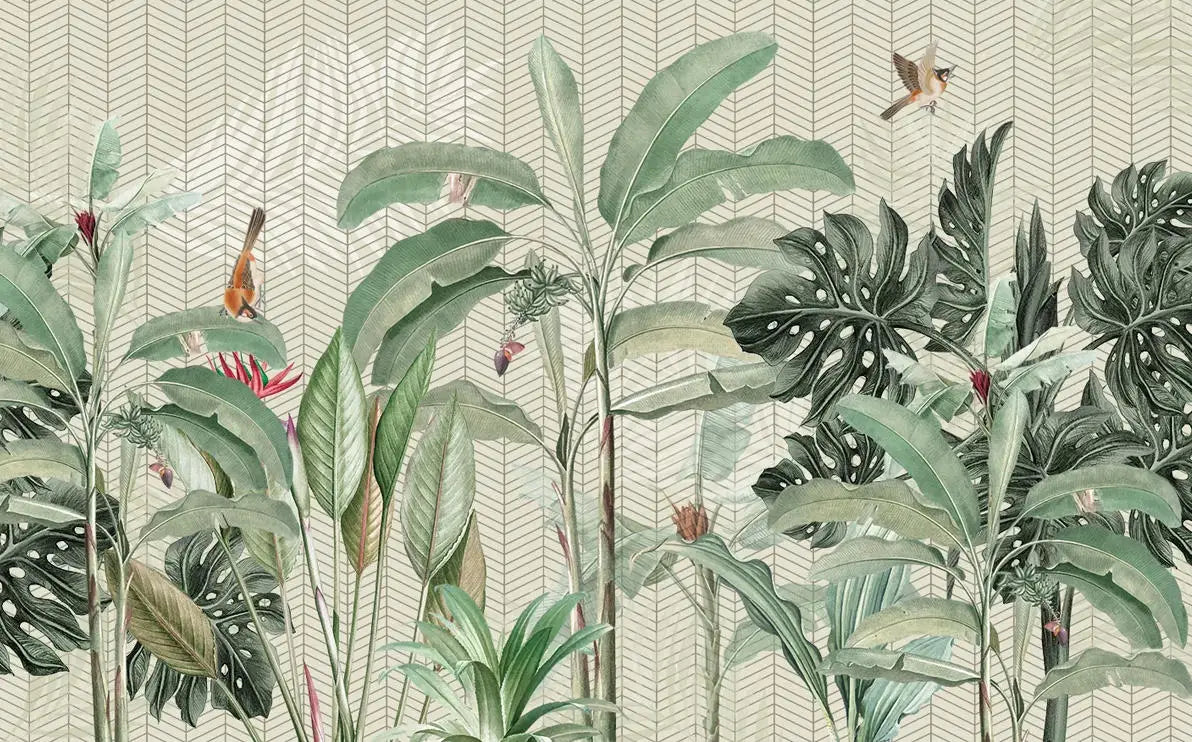 Papier peint panoramique Bananiers et oiseaux sur fond chevron : vue à plat, bananiers et feuillages vert sauge, oiseaux, sur un fond vert pâle à chevrons