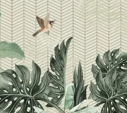 Papier peint panoramique Bananiers et oiseaux sur fond chevron : détail du motif, fond à chevrons et oiseau en vol