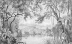 Papier peint panoramique Lac tropical gravé noir et blanc : vue du motif, lac, montagnes lointaines et grands arbres gravés en noir et blanc