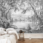 Papier peint panoramique Lac tropical gravé noir et blanc : lac tropical gravé noir et blanc derrière un lit