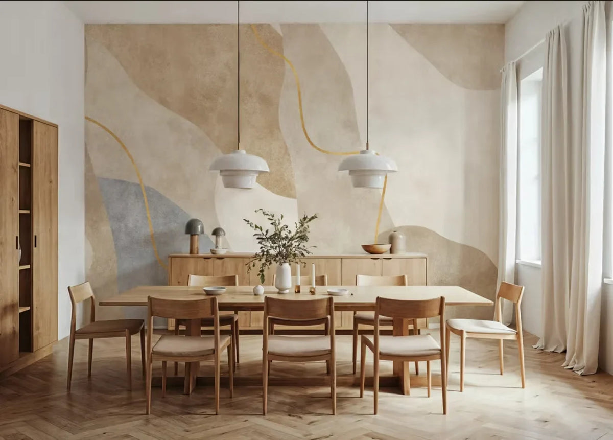 Papier peint panoramique Courbes beige et terracotta : formes courbes abstraites beige, sable et terracotta clair, posé dans une salle à manger