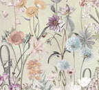 Papier peint panoramique Fleurs des champs aquarelle grège : détail du motif, fleurs des champs et graminées à l'aquarelle