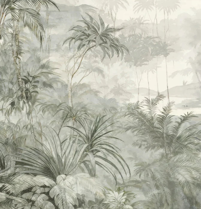 Papier peint panoramique Jungle dans la brume vert sauge : détail du motif, feuillages dans la brume
