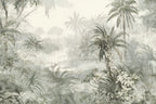 Papier peint panoramique Jungle dans la brume vert sauge : vue à plat, palmiers et plantes tropicales vert sauge dans la brume