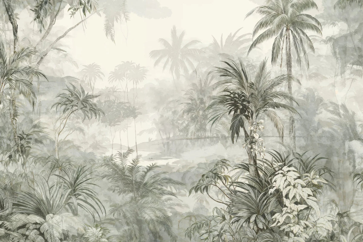 Papier peint panoramique Jungle dans la brume vert sauge : vue à plat, palmiers et plantes tropicales vert sauge dans la brume