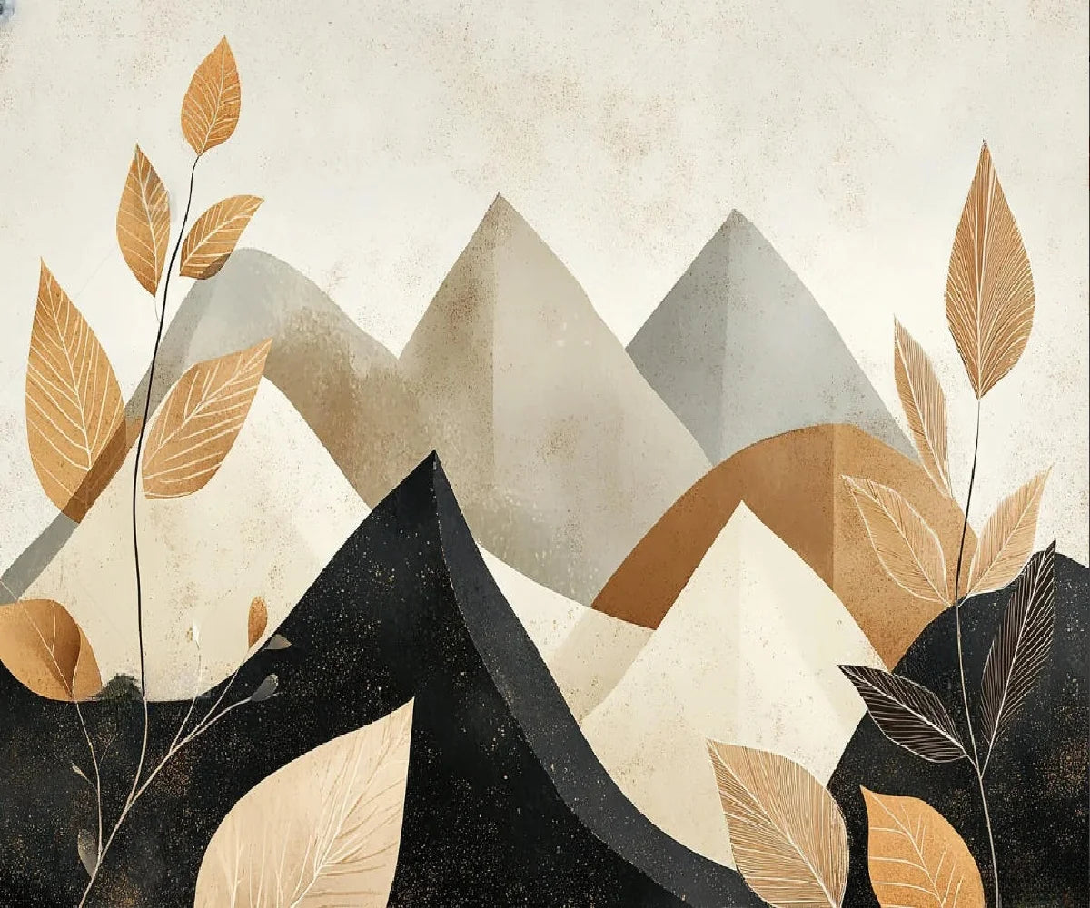 Papier peint panoramique Montagnes et feuilles noir et sable : vue à plat, montagnes géométriques noires, grises et sable, grandes feuilles cuivrées au premier plan