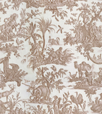 Papier peint panoramique Toile de Jouy terracotta : vue à plat du motif, scènes gravées terracotta sur fond écru