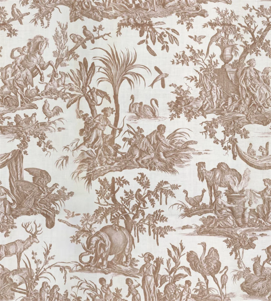 Papier peint panoramique Toile de Jouy terracotta : vue à plat du motif, scènes gravées terracotta sur fond écru