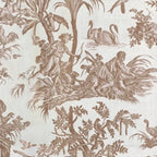 Papier peint panoramique Toile de Jouy terracotta : détail du motif, palmier, cygnes et personnages gravés en terracotta