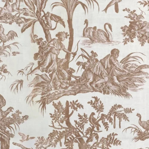 Papier peint panoramique Toile de Jouy terracotta : détail du motif, palmier, cygnes et personnages gravés en terracotta