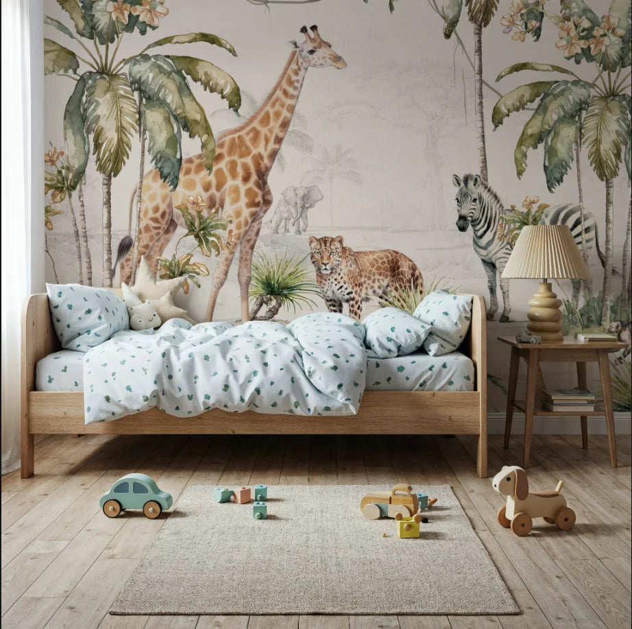 Papier peint panoramique Safari aquarelle : girafe, zèbre et palmiers à l'aquarelle, posé derrière un lit d'enfant