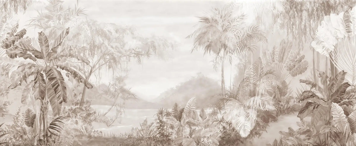 Papier peint panoramique Jungle vintage sépia : vue à plat du motif, jungle de bananiers et palmiers en camaïeu sépia