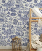 Papier peint panoramique Toile de Jouy aux tigres bleu marine : toile de Jouy aux tigres bleu marine dans une chambre d'enfant