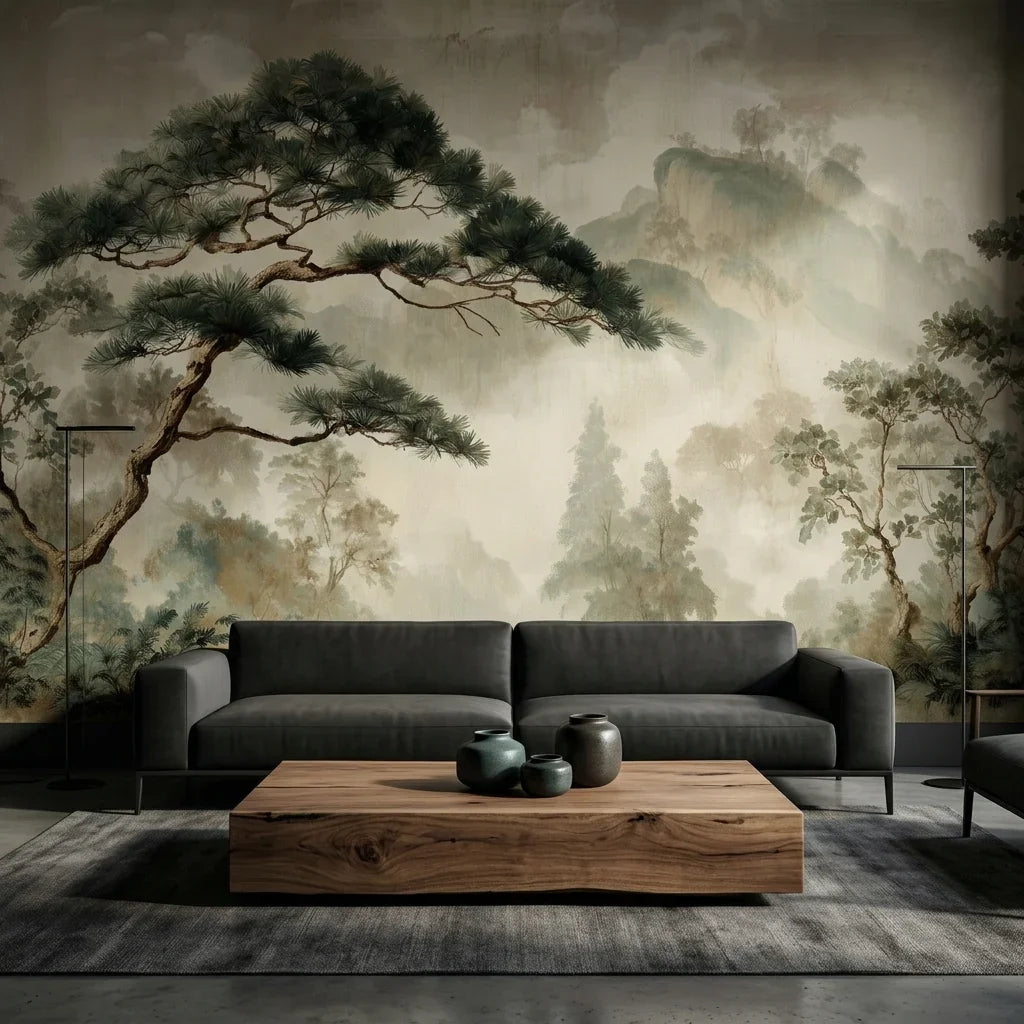 Papier peint panoramique Pin à l'encre dans la brume : grand pin à l'encre et montagnes dans la brume, tons gris-vert et sépia, posé dans un salon