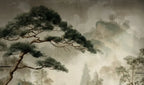 Papier peint panoramique Pin à l'encre dans la brume : vue du motif, pin à l'encre et montagnes dans la brume