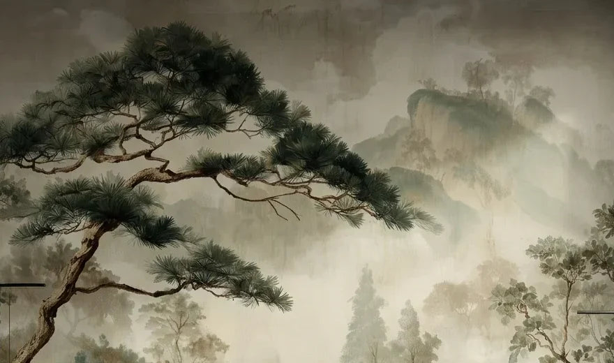 Papier peint panoramique Pin à l'encre dans la brume : vue du motif, pin à l'encre et montagnes dans la brume