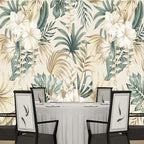 Papier peint panoramique Hibiscus et feuillages sauge : hibiscus et feuillages sauge dans une salle à manger