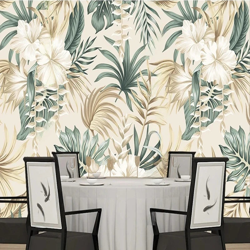 Papier peint panoramique Hibiscus et feuillages sauge : hibiscus et feuillages sauge dans une salle à manger
