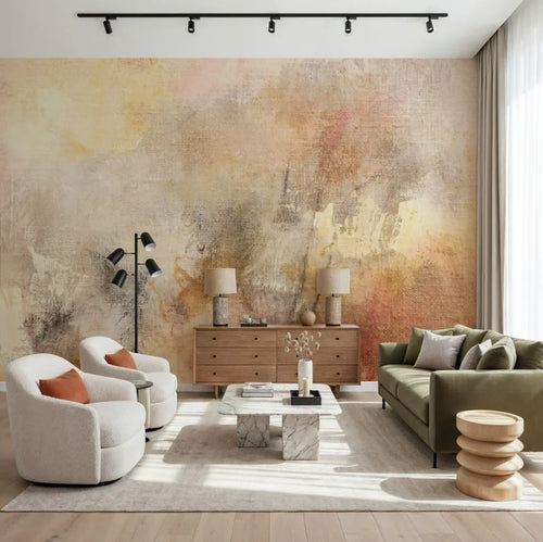 Papier peint effet enduit taloché ocre rosé : enduit taloché orangé et ocre, posé dans un salon