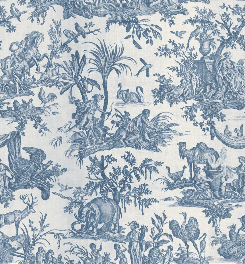 Papier peint panoramique Toile de Jouy bleu faïence : vue à plat du motif, scènes gravées en bleu faïence sur fond écru