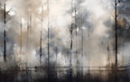Papier peint panoramique Forêt et lac à l'encre : vue du motif, troncs fins dans la brume qui se reflètent dans un lac, en gris, beige et noir