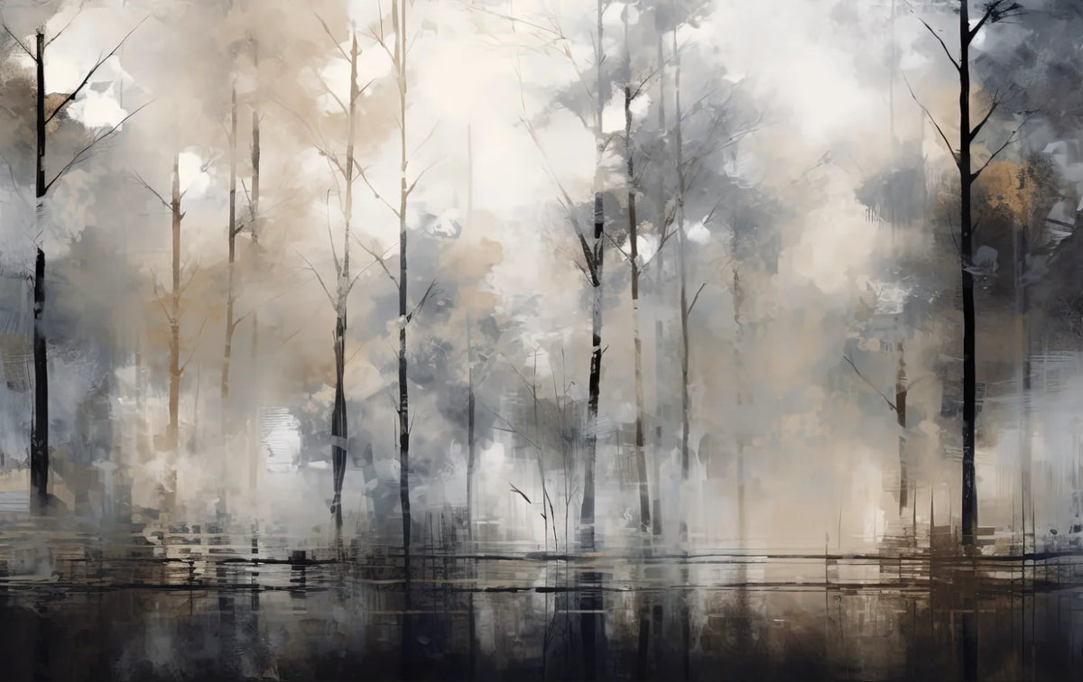 Papier peint panoramique Forêt et lac à l'encre : vue du motif, troncs fins dans la brume qui se reflètent dans un lac, en gris, beige et noir