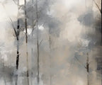Papier peint panoramique Forêt et lac à l'encre : détail du motif, troncs et brume peints à l'encre