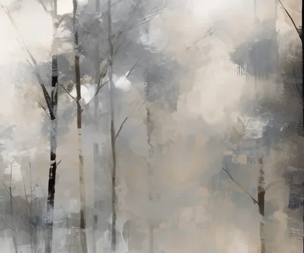 Papier peint panoramique Forêt et lac à l'encre : détail du motif, troncs et brume peints à l'encre