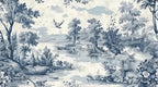 Papier peint panoramique Toile de Jouy paysage bleu : vue du motif, paysage de rivière, arbres et fleurs dessinés en bleu indigo sur fond crème