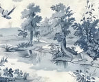 Papier peint panoramique Toile de Jouy paysage bleu : détail du motif, arbres et rivière en bleu indigo
