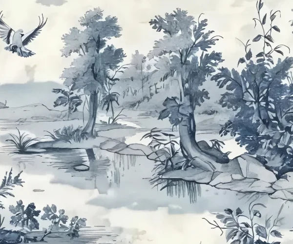 Papier peint panoramique Toile de Jouy paysage bleu : détail du motif, arbres et rivière en bleu indigo