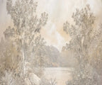 Papier peint panoramique Paysage ancien terre d'ombre : vue à plat, arbres et lac au pied des montagnes en brun et crème