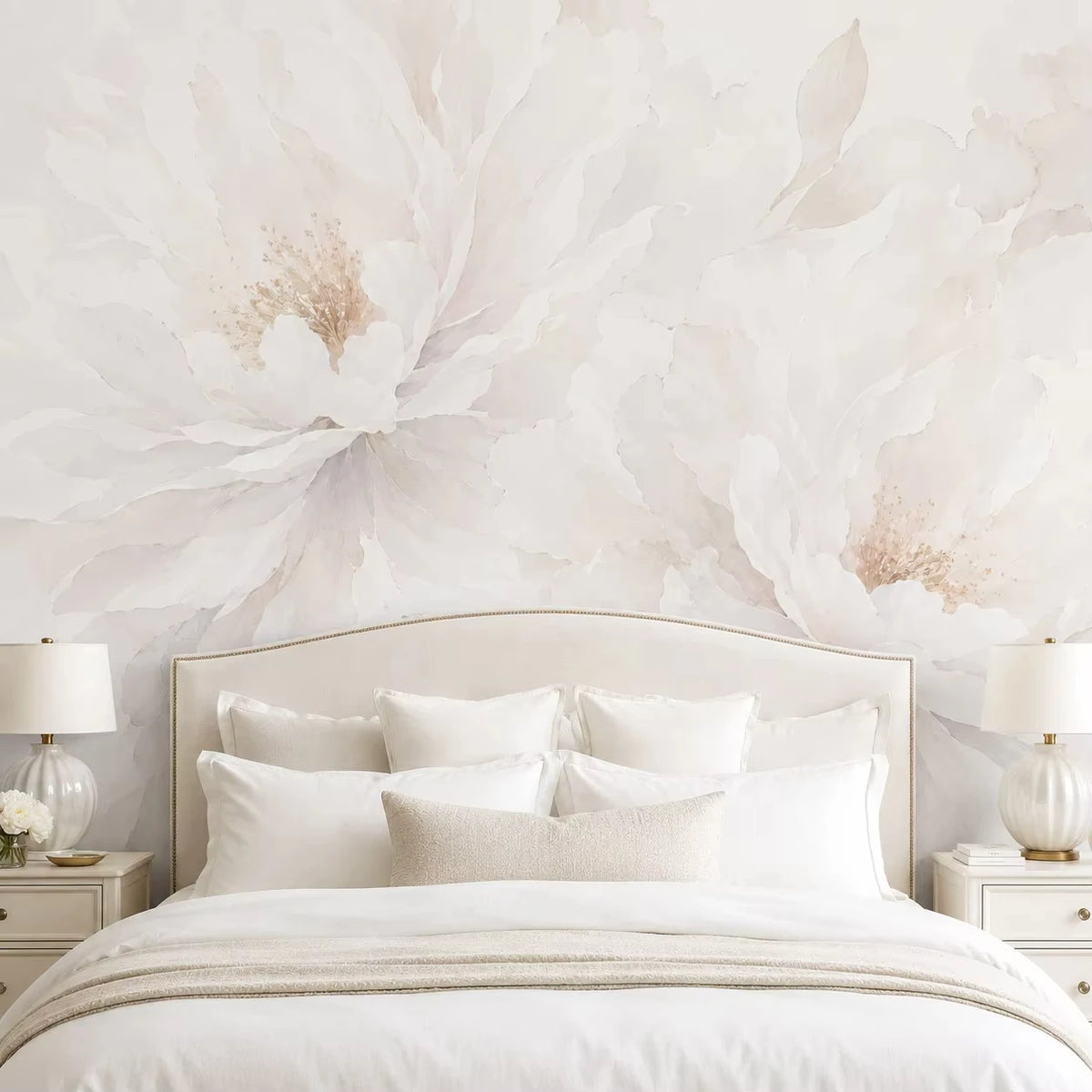 Papier peint panoramique Pivoines ivoire : pivoines ivoire derrière une tête de lit capitonnée et du linge blanc