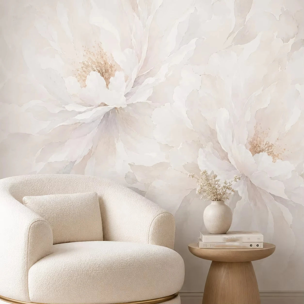 Papier peint panoramique Pivoines ivoire : pivoines ivoire derrière un fauteuil bouclette et une petite table ronde