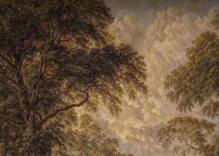Papier peint panoramique Forêt profonde ambrée, peinture ancienne : détail du motif, trouée de lumière entre les troncs