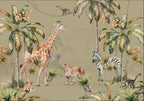 Papier peint panoramique Safari aquarelle fond vert olive : vue à plat, girafe, zèbre, léopards et palmiers à l'aquarelle sur fond vert olive