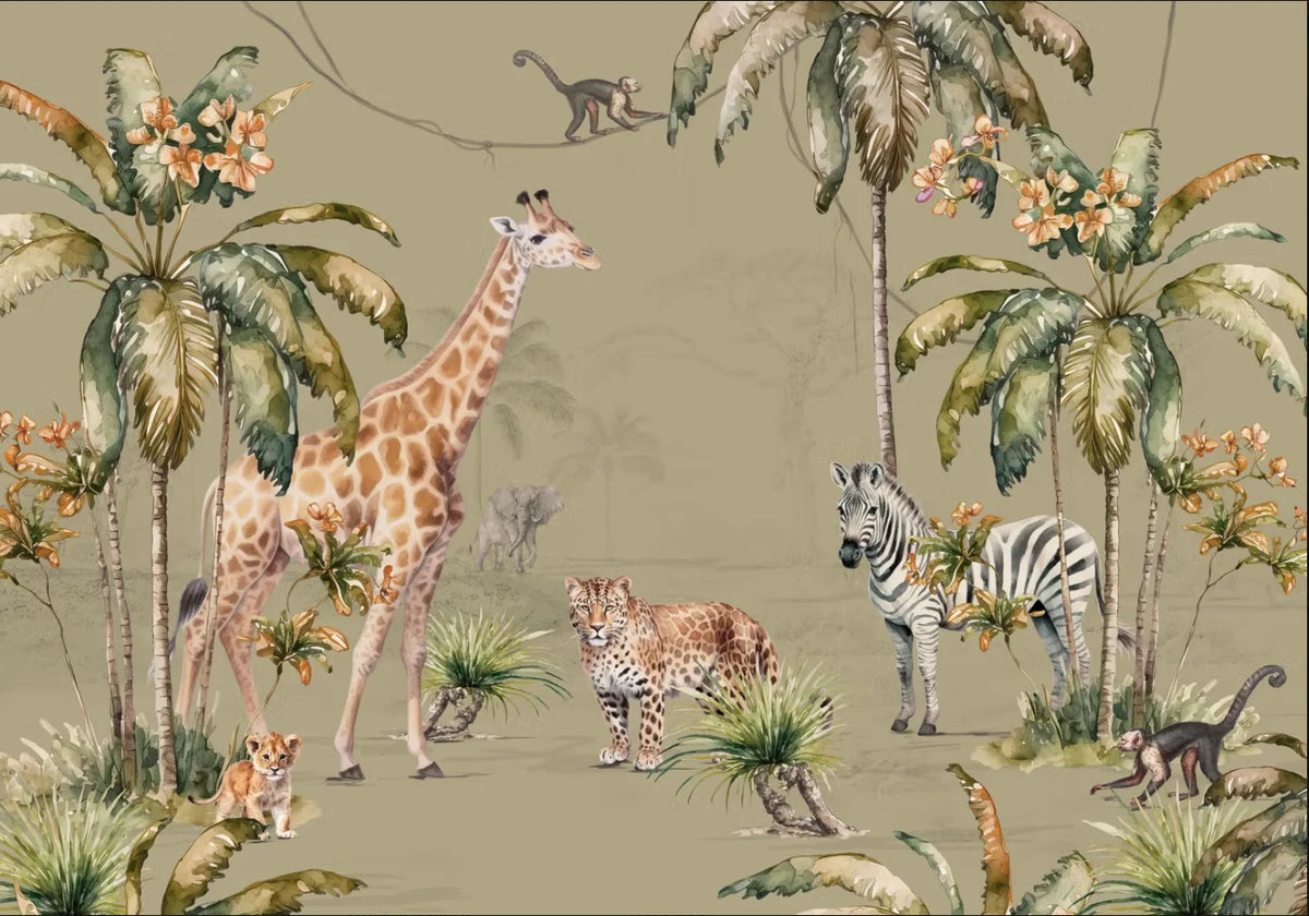 Papier peint panoramique Safari aquarelle fond vert olive : vue à plat, girafe, zèbre, léopards et palmiers à l'aquarelle sur fond vert olive
