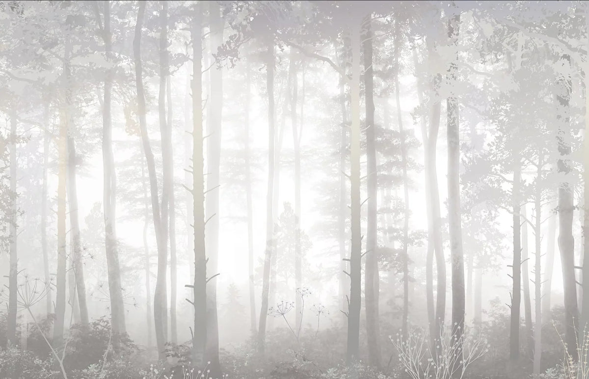 Papier peint panoramique Forêt de pins dans la brume gris perle : vue à plat, troncs de pins alignés dans une brume gris perle