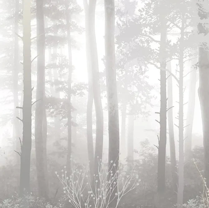Papier peint panoramique Forêt de pins dans la brume gris perle : détail du motif, sous-bois voilé