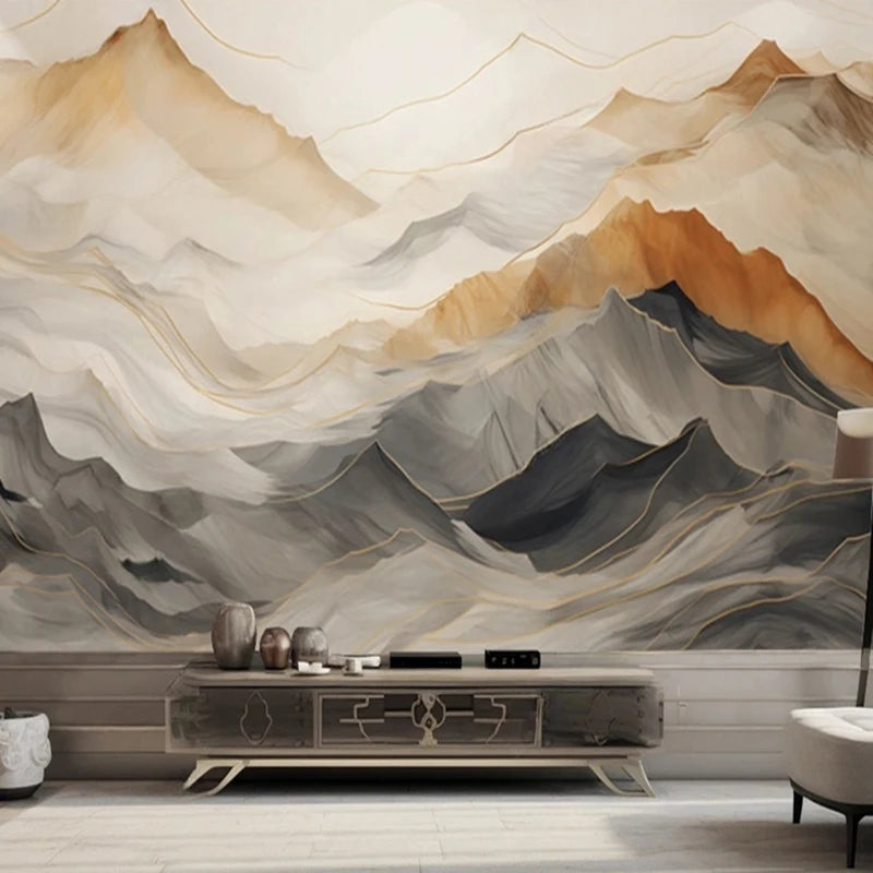Papier peint panoramique Montagnes aquarelle ocre et ardoise : montagnes aquarelle ocre et ardoise dans un salon aux tons chauds