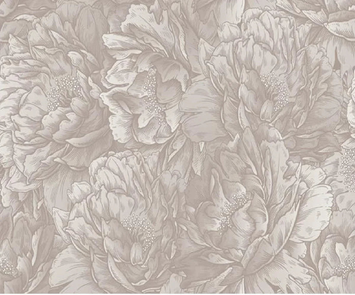 Papier peint effet pivoines gravées taupe : vue de la matière, grandes pivoines dessinées ton sur ton en taupe clair