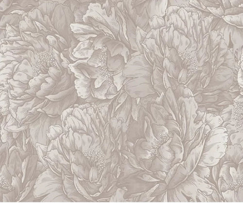 Papier peint effet pivoines gravées taupe : vue de la matière, grandes pivoines dessinées ton sur ton en taupe clair