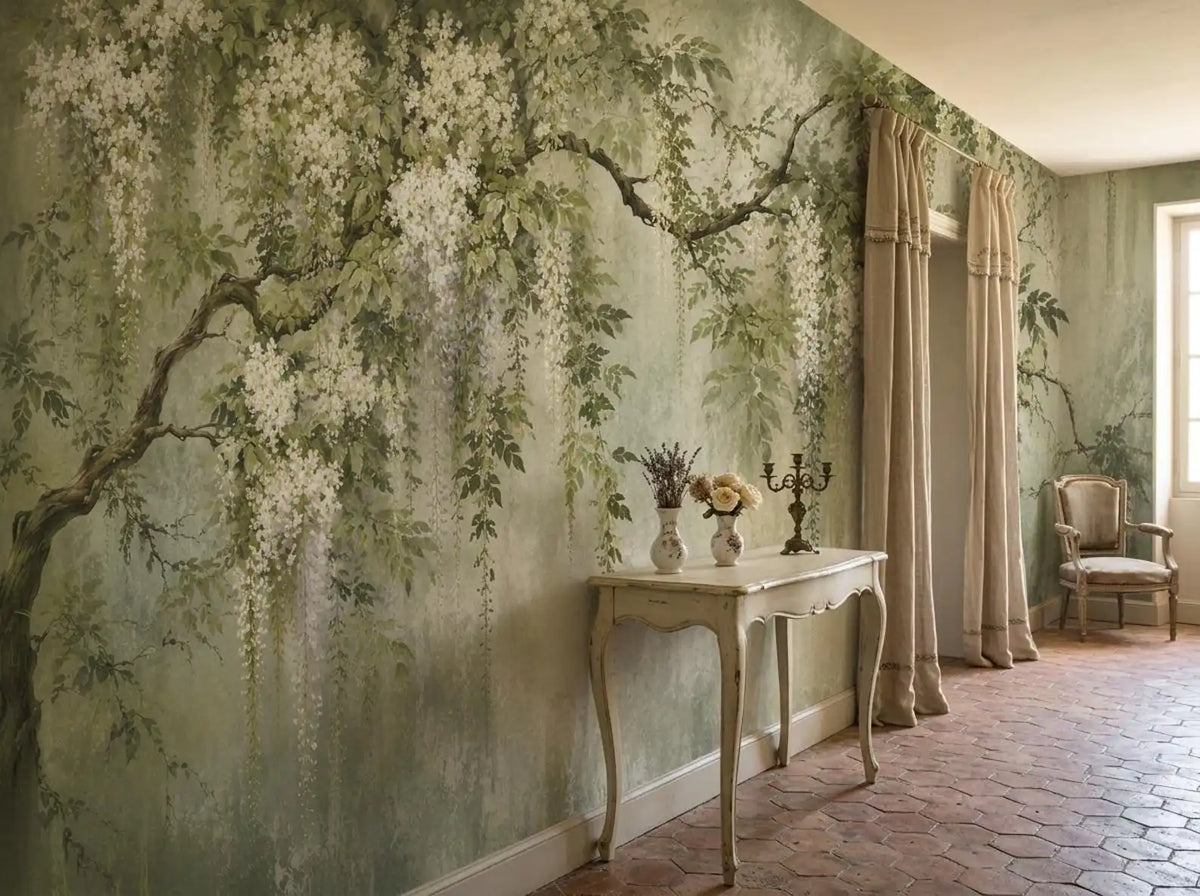 Papier peint panoramique Grand arbre fleuri vert sauge : grand arbre fleuri peint sur fond vert sauge, posé dans un couloir