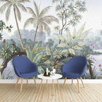 Papier peint panoramique Palmiers et oiseaux de paradis peints : palmiers et oiseaux de paradis peints derrière deux fauteuils