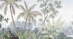 Papier peint panoramique Palmiers et oiseaux de paradis peints : vue du motif, palmiers et bananiers peints au bord de l'eau, lointains bleutés