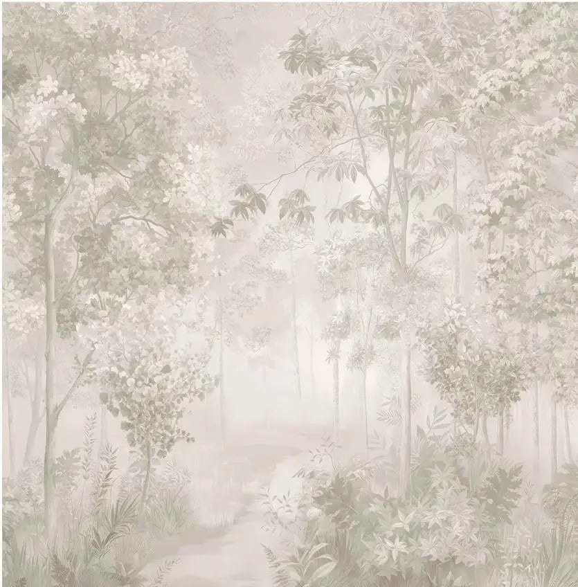Papier peint panoramique Forêt brumeuse lin : vue à plat du motif, forêt dans la brume aux tons lin et sauge pâle