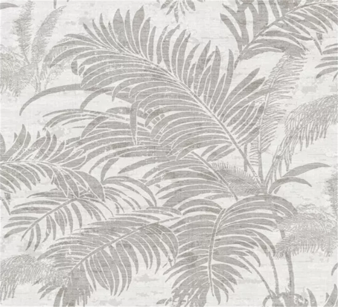 Papier peint effet palmes ton sur ton gris perle : vue de la matière, palmes grises sur fond clair façon toile tissée