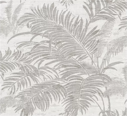 Papier peint effet palmes ton sur ton gris perle : vue de la matière, palmes grises sur fond clair façon toile tissée