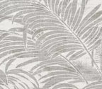 Papier peint effet palmes ton sur ton gris perle : détail de la matière, palmes grises et grain de toile
